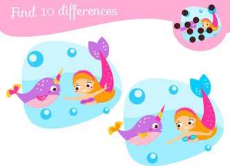 Find the differences educational children game. Kids activity with mermaid