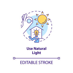 Use natural light concept icon. Switch off lighting. Energy efficiency at work abstract idea thin line illustration. Isolated outline drawing. Editable stroke. Arial, Myriad Pro-Bold fonts used