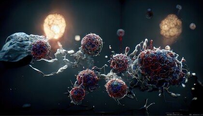 A new generation of dangerous corona flu floating pathogen respiratory influenza virus cell microscopic view. Illustration. - obrazy, fototapety, plakaty