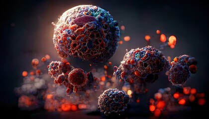A new generation of dangerous corona flu floating pathogen respiratory influenza virus cell microscopic view. Illustration.