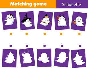 Shadow matching game. Match objects with silhouette. Educational kids activity. Halloween theme fun page for toddlers