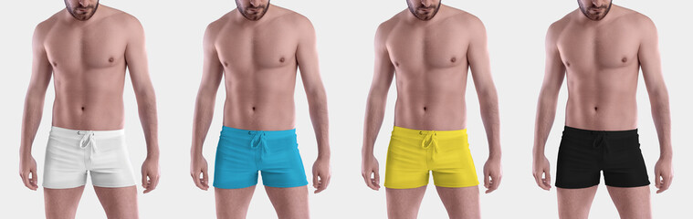 Template white; black, yellow, blue swimwear, trunks on brutal man, panties for design, front view.