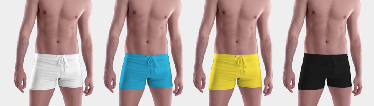Mockup white; black, yellow, blue swimwear, trunks on bare-chested man, trendy panties for design, front.
