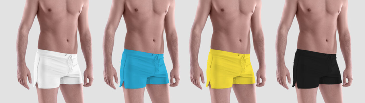 Mockup white; black, Ukrainian colors swimwear, trunks on guy, summer panties isolated on background, front view.