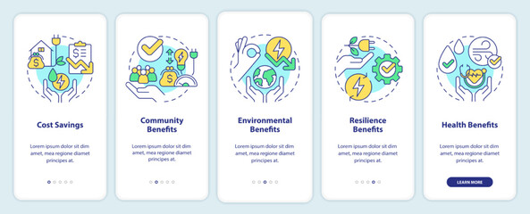 Fototapeta premium Energy efficiency benefits onboarding mobile app screen. Walkthrough 5 steps editable graphic instructions with linear concepts. UI, UX, GUI template. Myriad Pro-Bold, Regular fonts used
