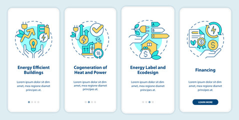 Fototapeta na wymiar Energy efficiency and conservation onboarding mobile app screen. Walkthrough 4 steps editable graphic instructions with linear concepts. UI, UX, GUI template. Myriad Pro-Bold, Regular fonts used