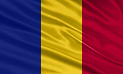 Romania flag design. Waving Romania flag made of satin or silk fabric. Vector Illustration.