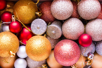 christmas background with balls - red, gold, yellow, white, silver