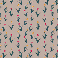 Seamless floral pattern of UA red and yellow orange color tulip flower with dark slate gray color leaf and stem on silver pink color background. beautiful floral pattern, textile design, wallpaper.