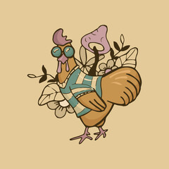 A beautiful rooster in glasses and clothes on a background of flowers and leaves. Rooster. Bird. Postcard, banner, web, print, textile. Hand-drawn. Vector illustration