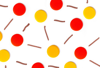 Group of red yellow interconnected dot nodes, abstract set of objects, individual network connections set, grid, connected endpoints, nobody, top view Lots of points connected, dots, drawn connections
