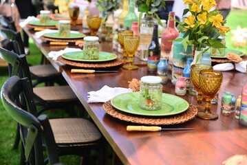table setting for a lunch, salad in the pot, table set for festive event, decorated table, party table setting, table setting