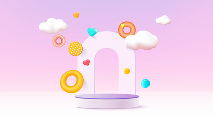 Realistic 3D cylinder pedestal podium with cloud in arch shape scene. Minimal scene for products showcase, Stage promotion display. Vector abstract studio room platform.
