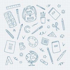 School supplies hand-drawn doodles on the page of a notebook in a cage. A set of icons. Vector illustration. Back to school. The background of a notebook in a cage.