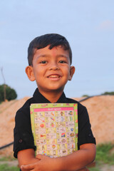 Indian smiling happy boy kid school boy 5 years old in shirt backpack