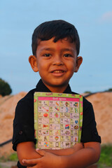 Indian smiling happy boy kid school boy 5 years old in shirt backpack