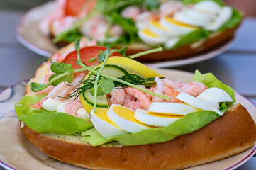 fresh shrimp sandwich with egg mayonnaise and vegetables