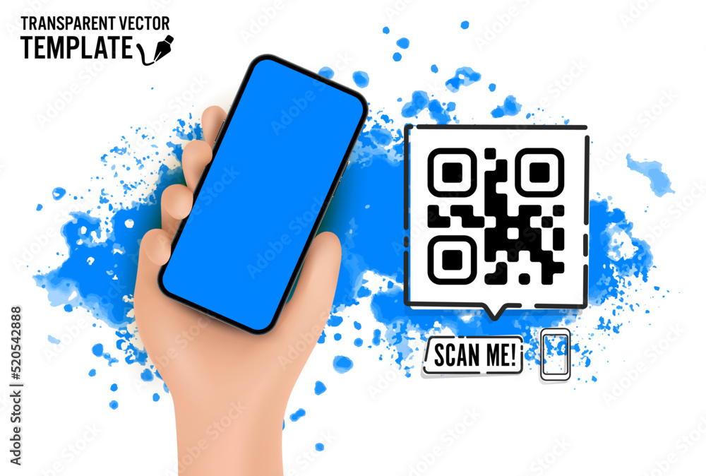 Aufkleber vector cartoon hand holding the black smartphone with a qr code scanner me on screen and modern fram