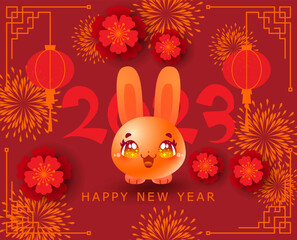 Obraz na płótnie Canvas Happy New year 2023. Chinese New year rabbit symbol. Chinese background. Holiday Chinese banner with horoscope sign of 2023. Red, gold design