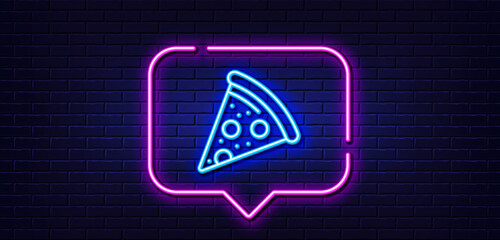 Neon light speech bubble. Pizza slice line icon. Pizzeria food sign. Fast food symbol. Neon light background. Pizza glow line. Brick wall banner. Vector