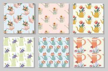 Seamless pattern set with watering can and flowers. For textiles, packaging, wallpaper.