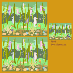 in the rebus for children under 6 years old seahorses, find 10 differences