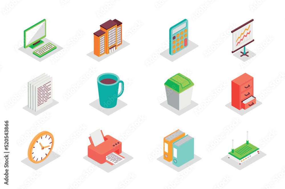 Leinwandbilder office work concept 3d isometric icons set. bundle elements of computer, calculator, data analysis, 