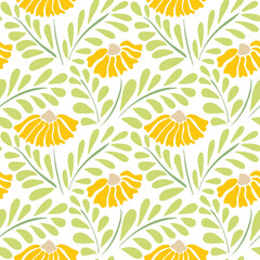 Seamless pattern with colorful retro groovy yellow daisies. Summer simple abstract floral design in naive art style . 60s vintage style plants. Colorful psychedelic background.Vector illustration