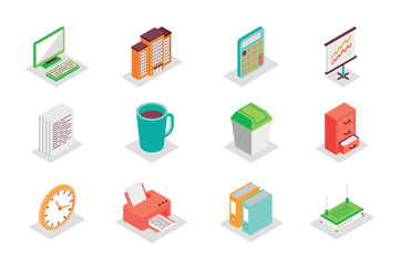 Office work concept 3d isometric icons set. Bundle elements of computer, calculator, data analysis, document, coffee cup, bin, clock, printer and other. Vector illustration in modern isometry design