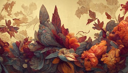 Fototapeta premium Autumn concept floral background leaves and flowers 