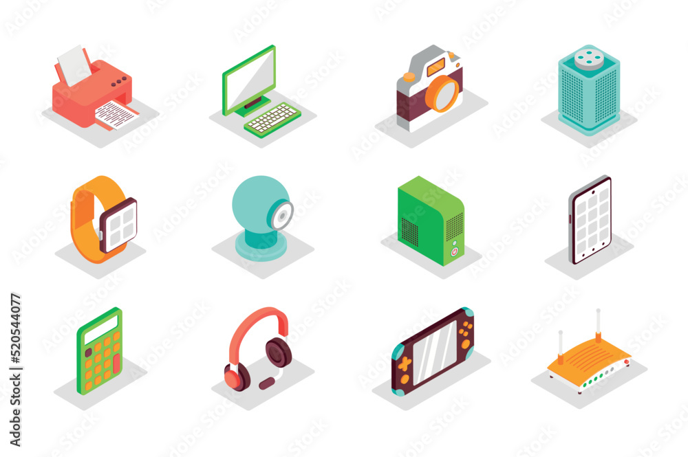 Poster Electronics concept 3d isometric icons set. Bundle elements of printer, computer, camera, musical speaker, smart watch, tablet, calculator and other. Vector illustration in modern isometry design
