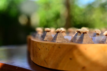 chocolate pralines on the party table, chocolate pyramids, pyramids