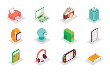 Electronics concept 3d isometric icons set. Bundle elements of printer, computer, camera, musical speaker, smart watch, tablet, calculator and other. Vector illustration in modern isometry design