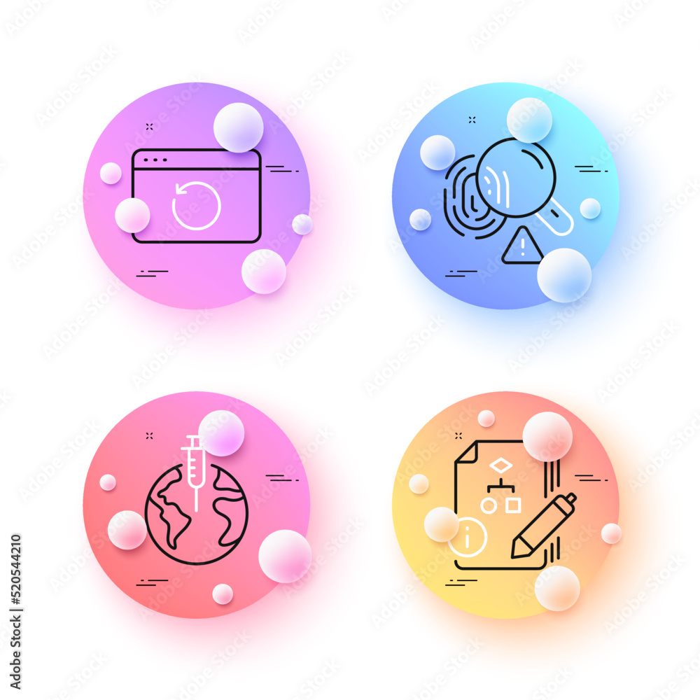 Poster algorithm, recovery internet and pandemic vaccine minimal line icons. 3d spheres or balls buttons. f