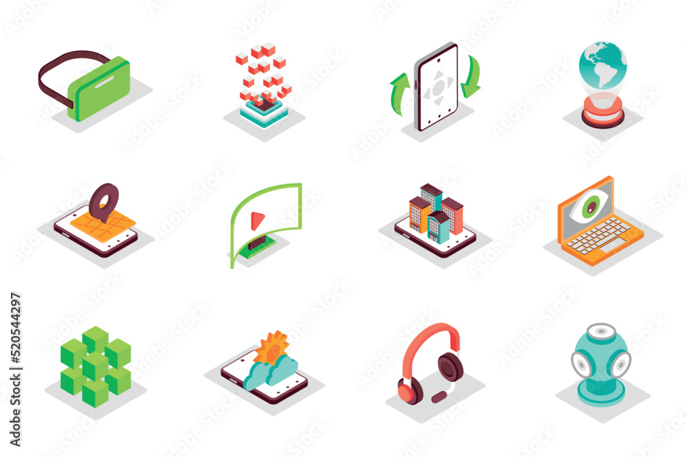 Aufkleber virtual reality concept 3d isometric icons set. bundle elements of vr headset, holographic projectio
