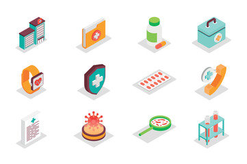Medical concept 3d isometric icons set. Bundle elements of clinic, hospital, first aid kit, folder, pills, cardio, watch, healthcare, call and other. Vector illustration in modern isometry design