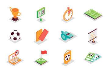 Football concept 3d isometric icons set. Bundle elements of victory cup, score, time, ball, red or orange cards, whistle, field, championship and other. Vector illustration in modern isometry design