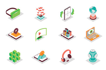 Virtual reality concept 3d isometric icons set. Bundle elements of vr headset, holographic projection, panoramic view, augmented, game gadgets and other. Vector illustration in modern isometry design