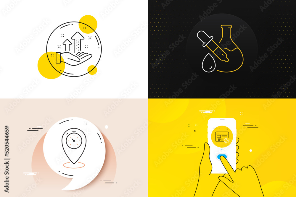 Poster minimal set of analysis graph, timer and web settings line icons. phone screen, quote banners. chemi