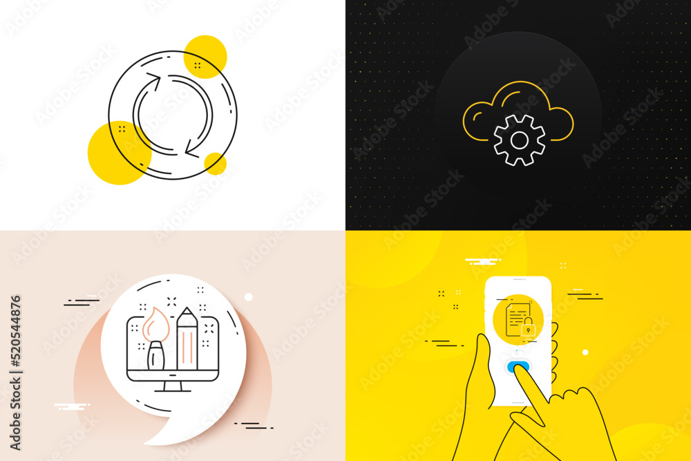 Poster minimal set of refresh, creative design and lock line icons. phone screen, quote banners. cloud comp