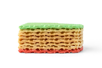 Colorful pieces of waffle cake isolated on white background.