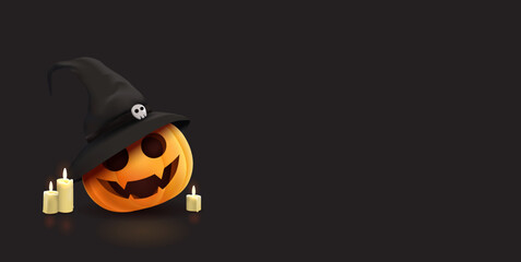Happy halloween banner with illustration of realistic pumpkins with faces and witch hat.