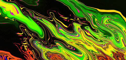 Bright fluid yellow black orange neon green background. Abstract liquid multicolored wave. Art trippy digital screen. Fantasy Backdrop. Royal glitter banner. Template. Luxury texture. Creative flyer.
