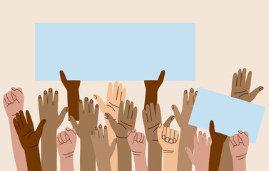 A crowd of people of different nationalities and at a protest. Hands holding empty template of placards and banners. Street demonstration and standing up for their rights. flat vector