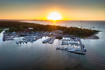 Aerial scenery of the yacht marina by the Baltic Sea in Gdansk, Poland.