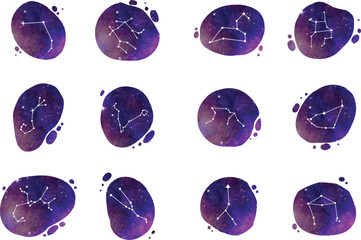 Hand Drawn Watercolor Star Map, Zodiac Collection