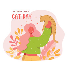 A postcard for the International Cat Day on August 8. A cute girl is hugging her cute cat.  Printing of happy animals on a greeting card, poster, leaflet