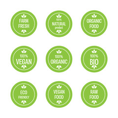 A set of eco, bio, organic, fresh, healthy, 100% natural products stickers. A natural product. A collection of 9 emblems, cafes, badges, tags, packaging. Vector illustration.