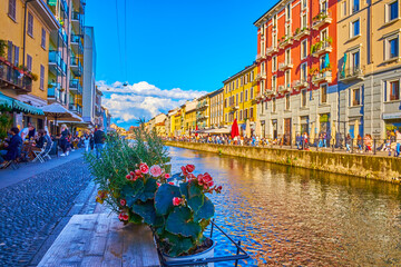 The flowers in the pots on the bank of Naviglio Grande Canal in Milan, Italy