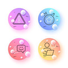 Happy emotion, Warning and Ranking star minimal line icons. 3d spheres or balls buttons. Online question icons. For web, application, printing. Web chat, Important message, Winner medal. Vector